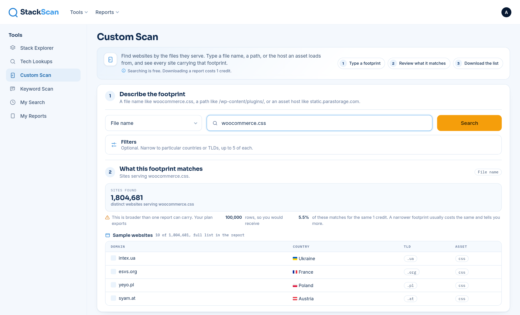 StackScan Custom Scan: searching the asset index for woocommerce.css and finding 1,804,681 websites, with a sample list showing domain, country and TLD